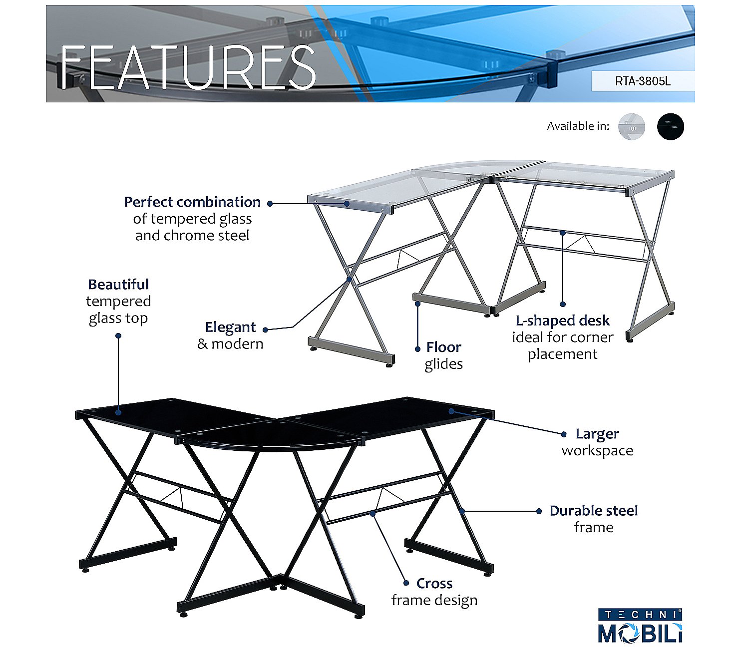 Techni Mobili L-Shaped Glass Computer Desk