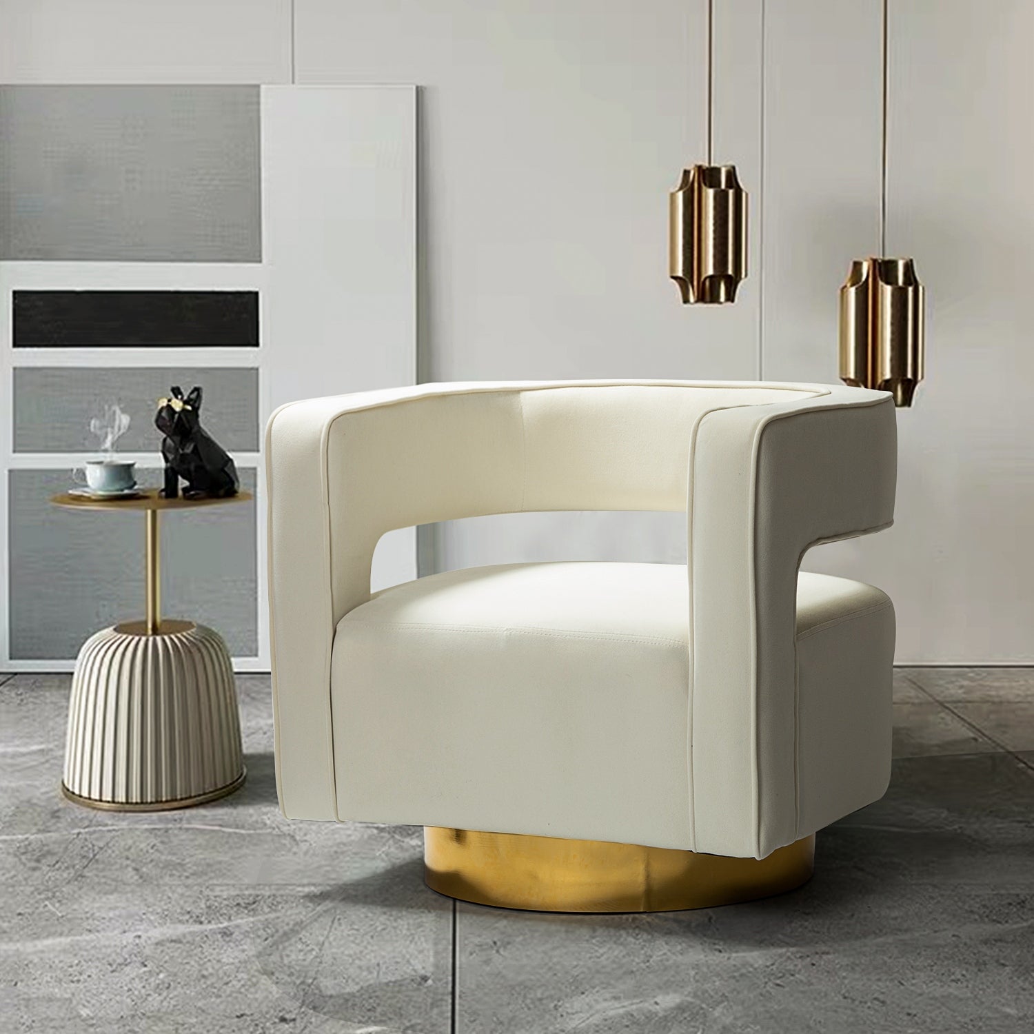 Carisa Modern Upholstered Swivel Comfy Open-Back Barrel Chair with Golden Base by HULALA HOME