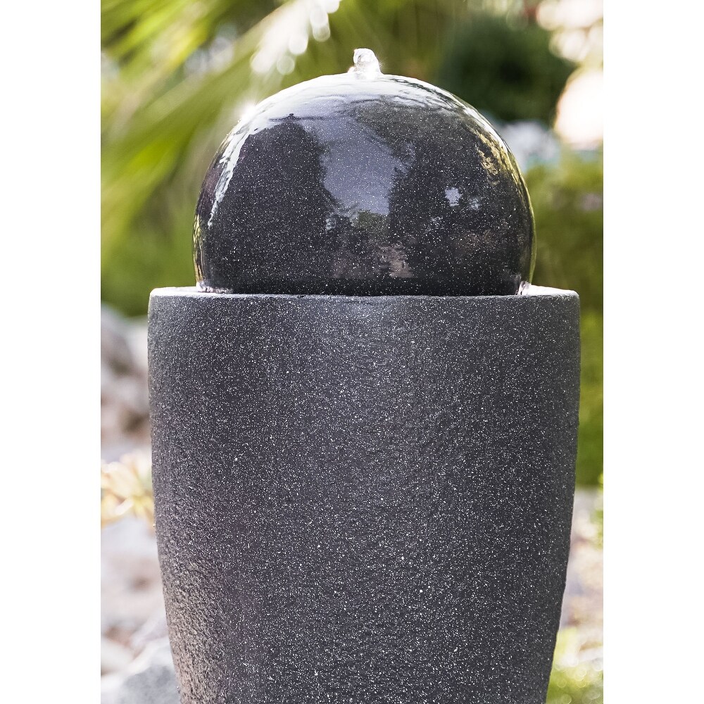 XBrand Modern Stone Textured Round Sphere Water Fountain  LED Lights  25.6 Inch Tall  Black