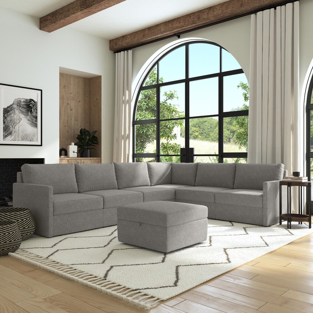 Flex Gray Fabric 6 Seat Sectional with Narrow Arm and Storage Ottoman   132\