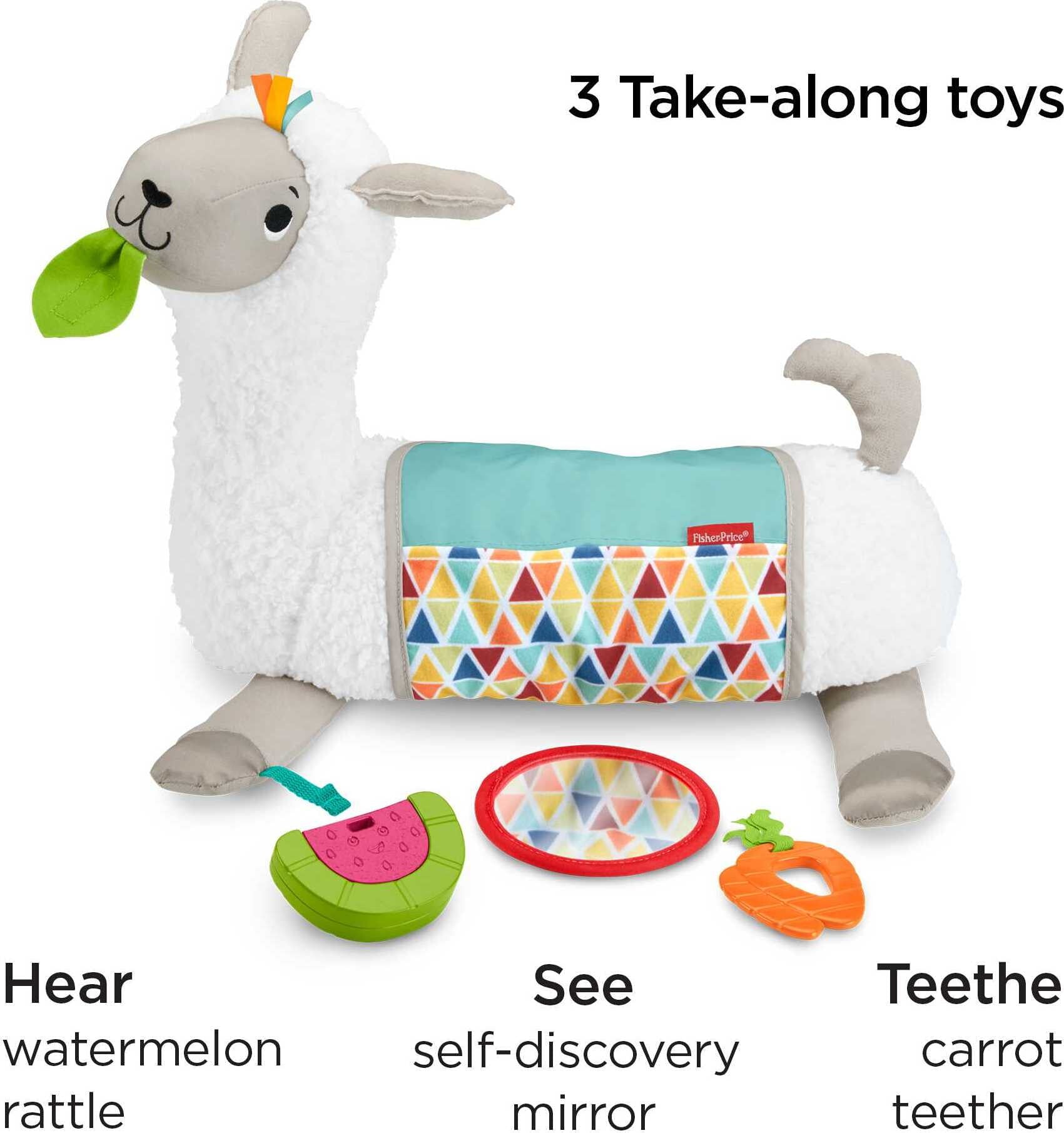 Fisher-Price Grow-with-Me-Tummy Time Llama Plush Baby Wedge with 3 Take-Along Sensory Toys