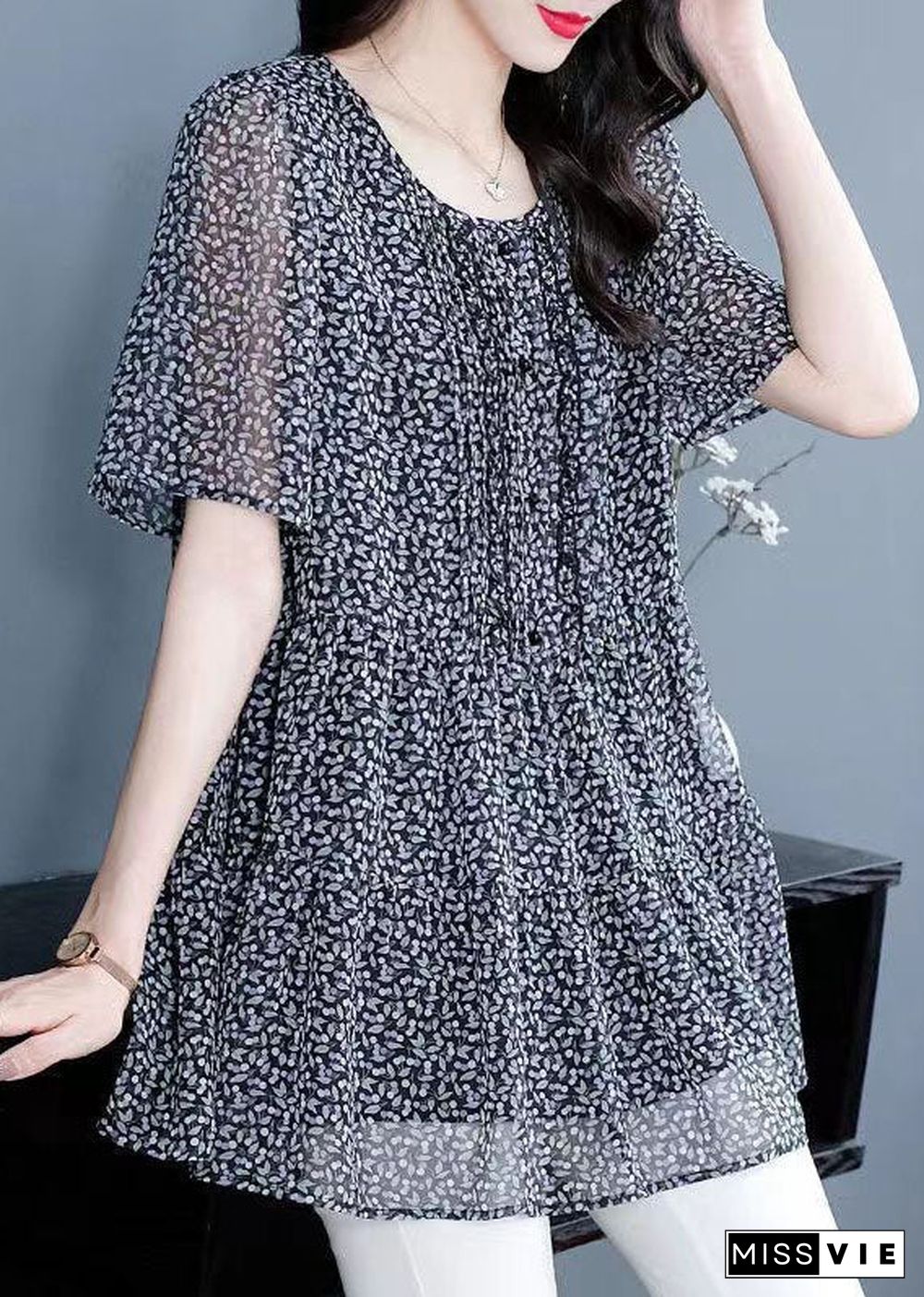 Women Floral O Neck Wrinkled Patchwork Chiffon T Shirt Top Summer