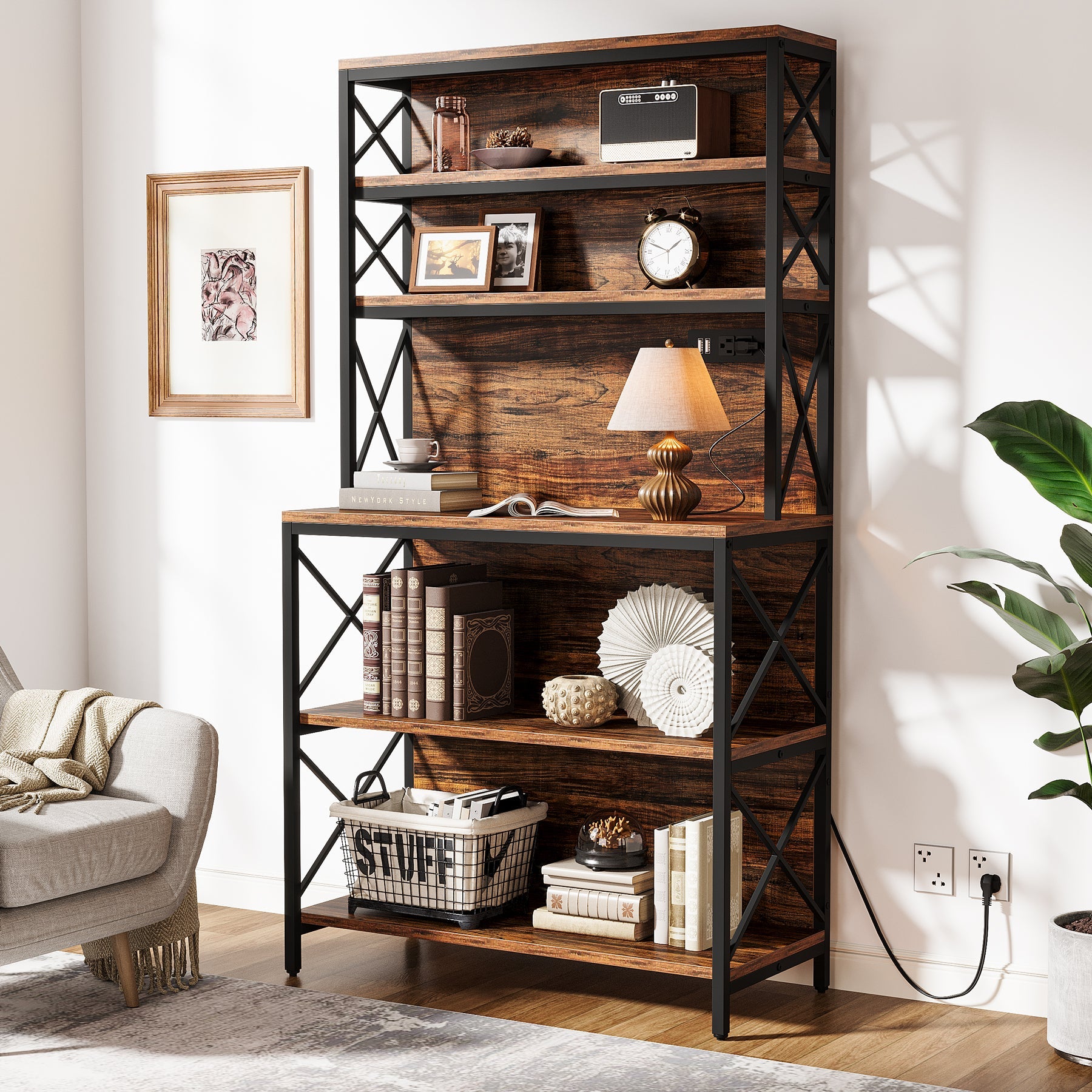 70 Bookshelf, Wood Bookcase Display Shelf with Power Outlets