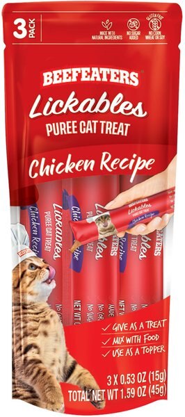 Beefeaters Lickables Chicken Puree Recipe Cat Treat， 1.59-oz bag， case of 12