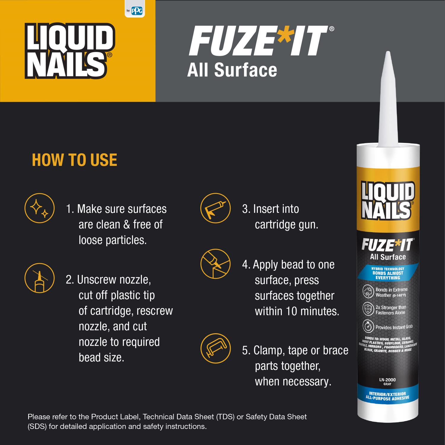 Liquid Nails Fuze-It All Surface High Strength Hybrid Adhesive Adhesive 9 oz