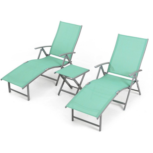 3pc Outdoor Aluminum Folding Adjustable Chaise Lounge Chair And Table Set Green Crestlive Products