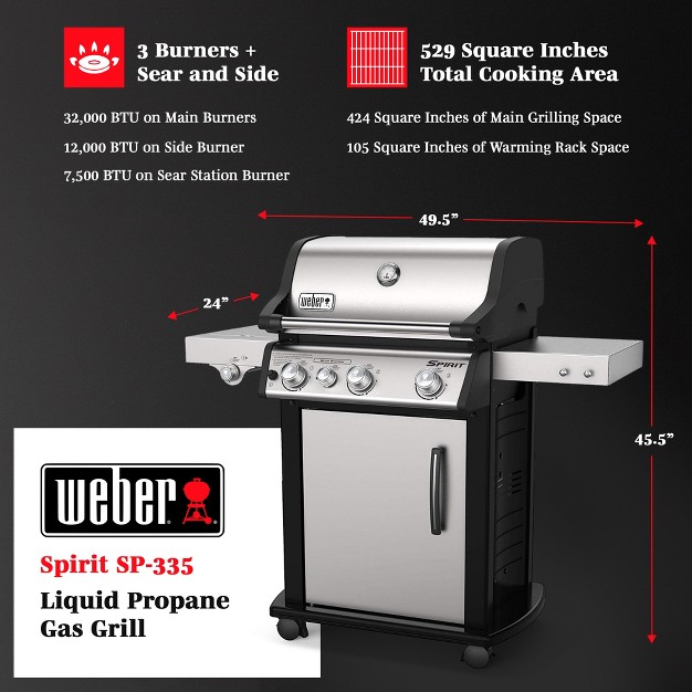 Weber Spirit Sp 335 Stainless Steel 3 Burner 32000 Btus Lidded Liquid Propane Gas Grill With 529 Sq In Cooking Area Side Burner And Sear Station