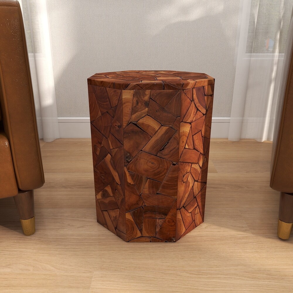 Brown Teak Wood Handmade Accent Table with Mosaic Wood Chip Design