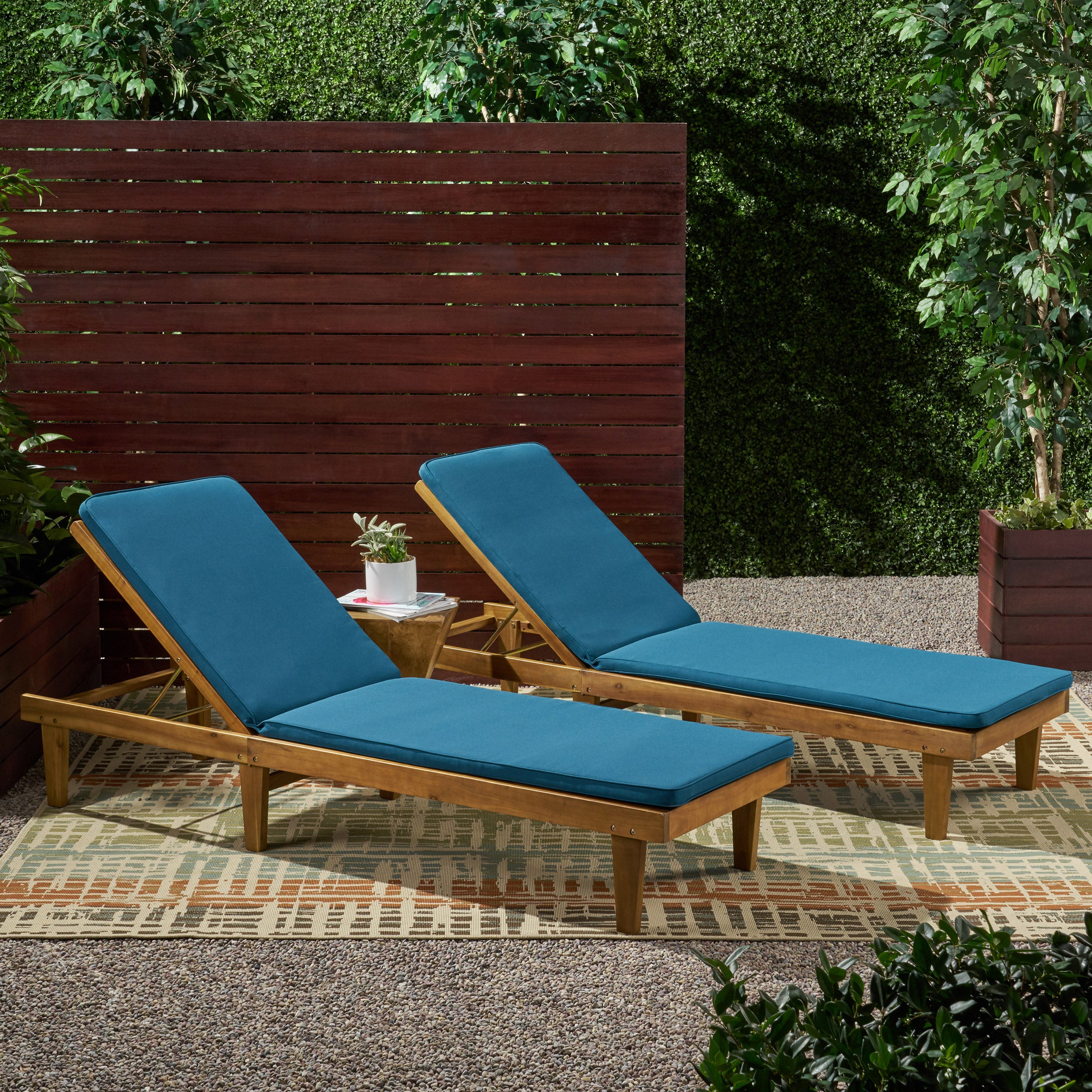 Nadine Outdoor Modern Acacia Wood Chaise Lounge with Cushion (Set of 2)