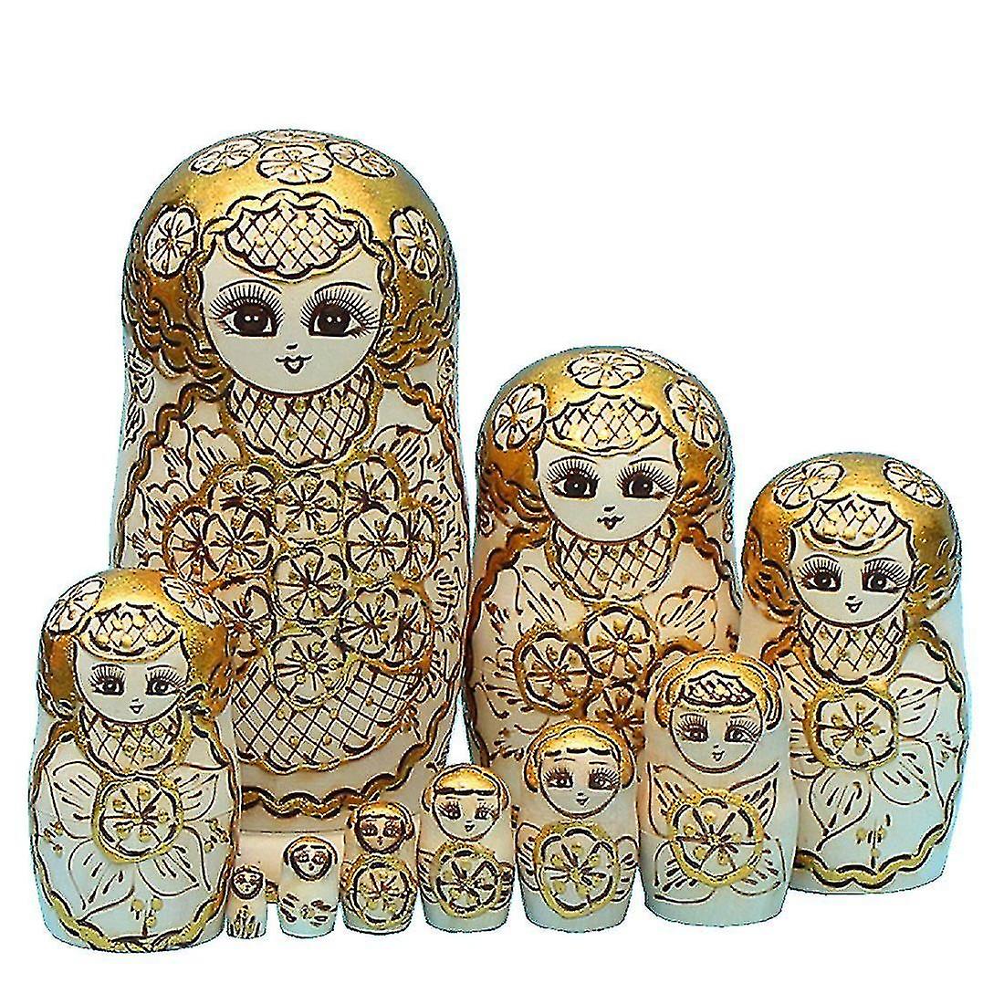 Cht-10pcs Handmade Wooden Gold Plum Russian Nesting Dolls Matryoshka Wooden Toys