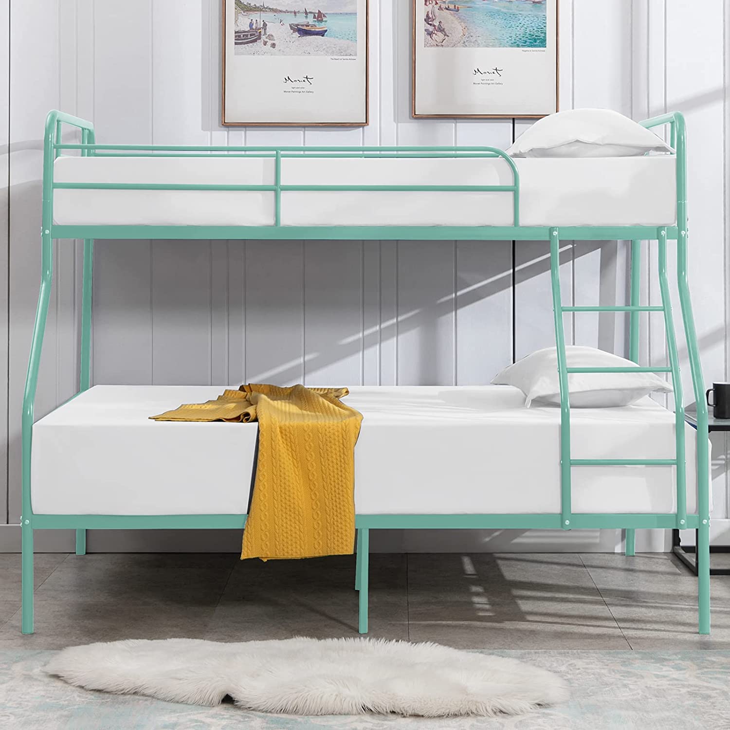 cuoote Twin Over Full Bunk Bed w/Ladder and Guardrail, Space-Saving Design, No Box Spring Needed, Mint Green