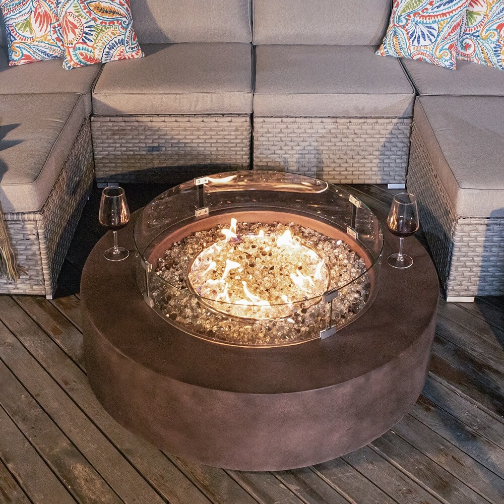 COSIEST Outdoor Round Propane Fire Pit w Wind Guard and Fire Glass