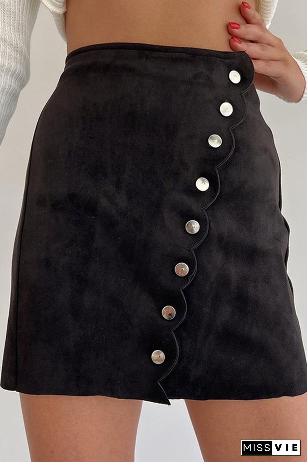 Scallop Edge Buttons Suede Skirt