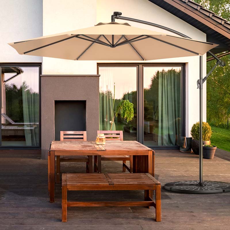 10 FT Offset Patio Umbrella with Solar LED Lights & Cross Base, Large Outdoor Cantilever Umbrella for Sun Rain