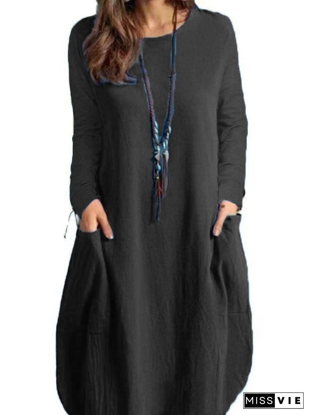 Women Long Sleeve Scoop Neck Solid Pockets Midi Dress