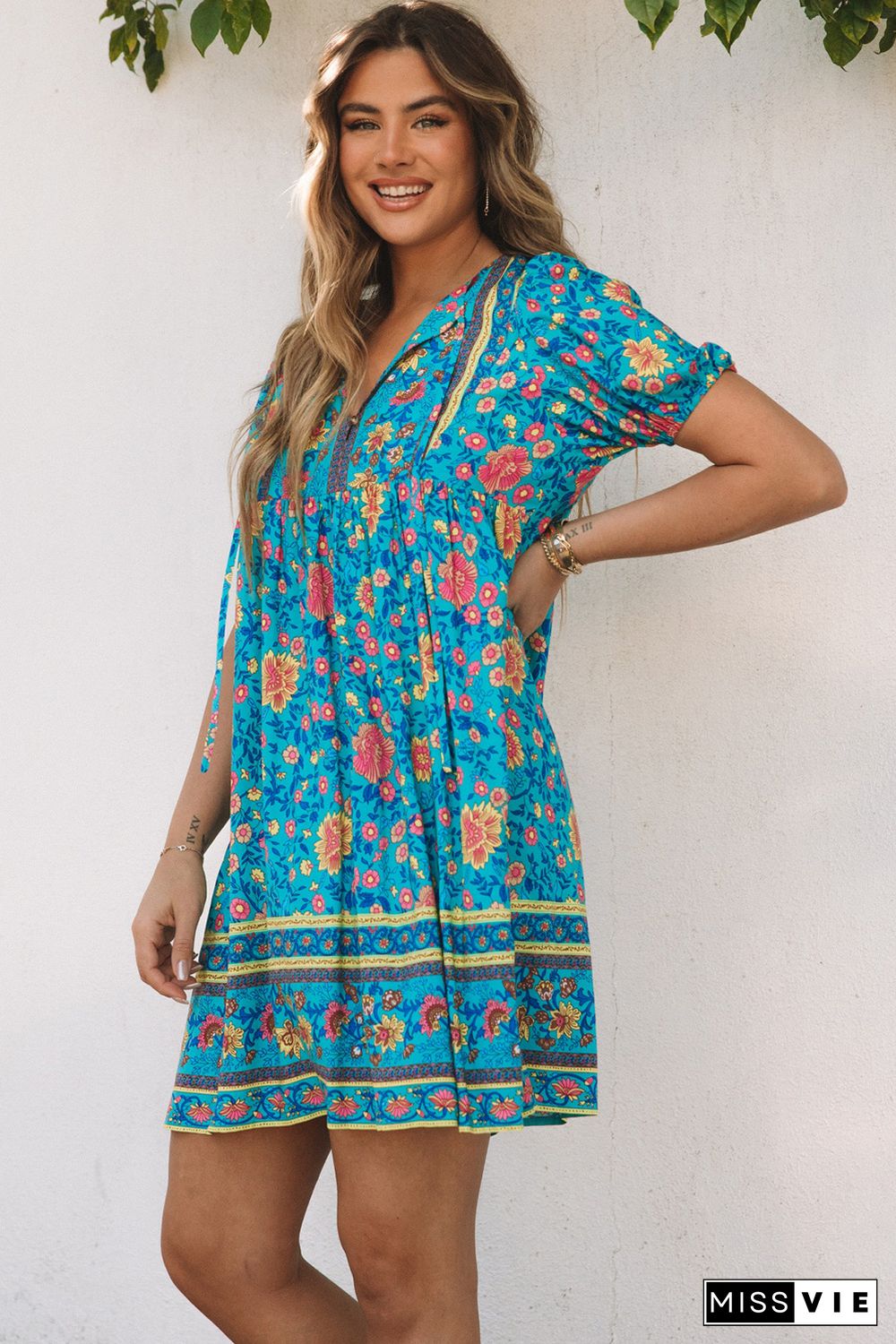 Blue Floral Print Empire Waist Flowy Dress