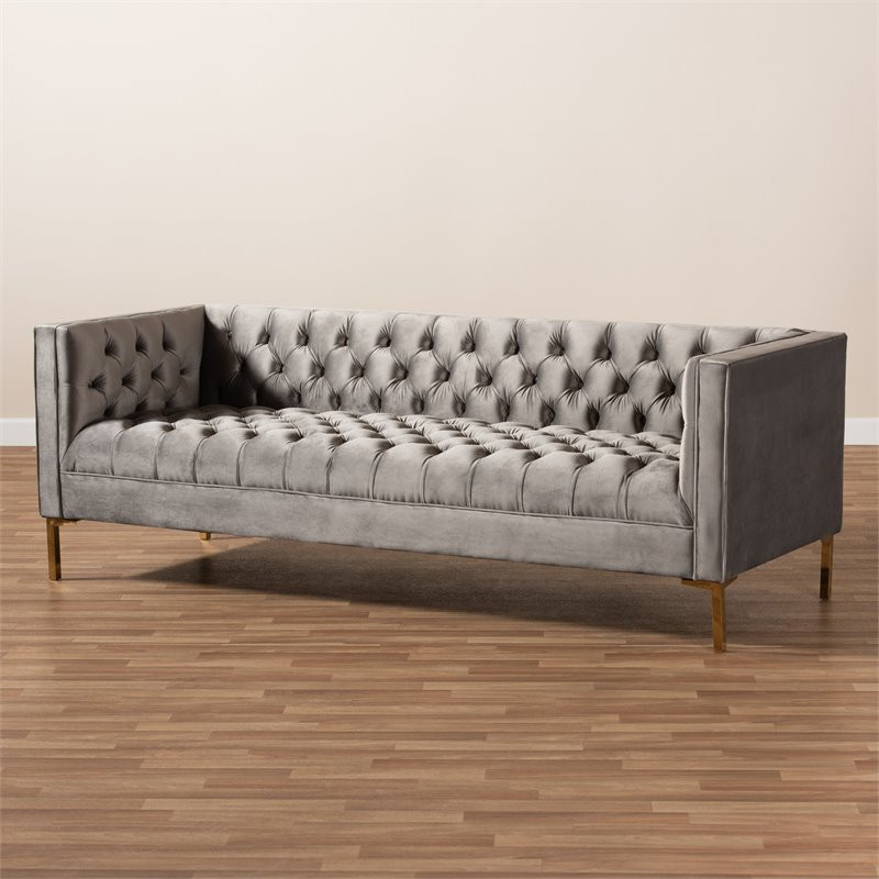 Baxton Studio Zanetta Tufted Velvet and Wood Sofa in Gray and Gold   Contemporary   Sofas   by VirVentures  Houzz