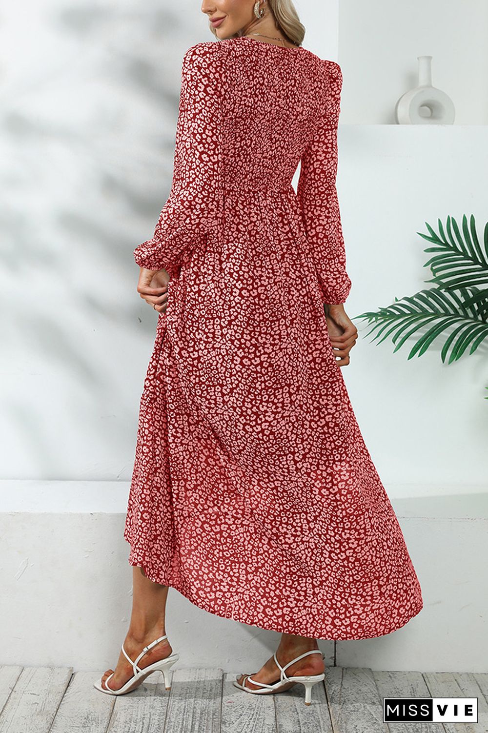 V Neck Puff Sleeves Split Printing Maxi Dress