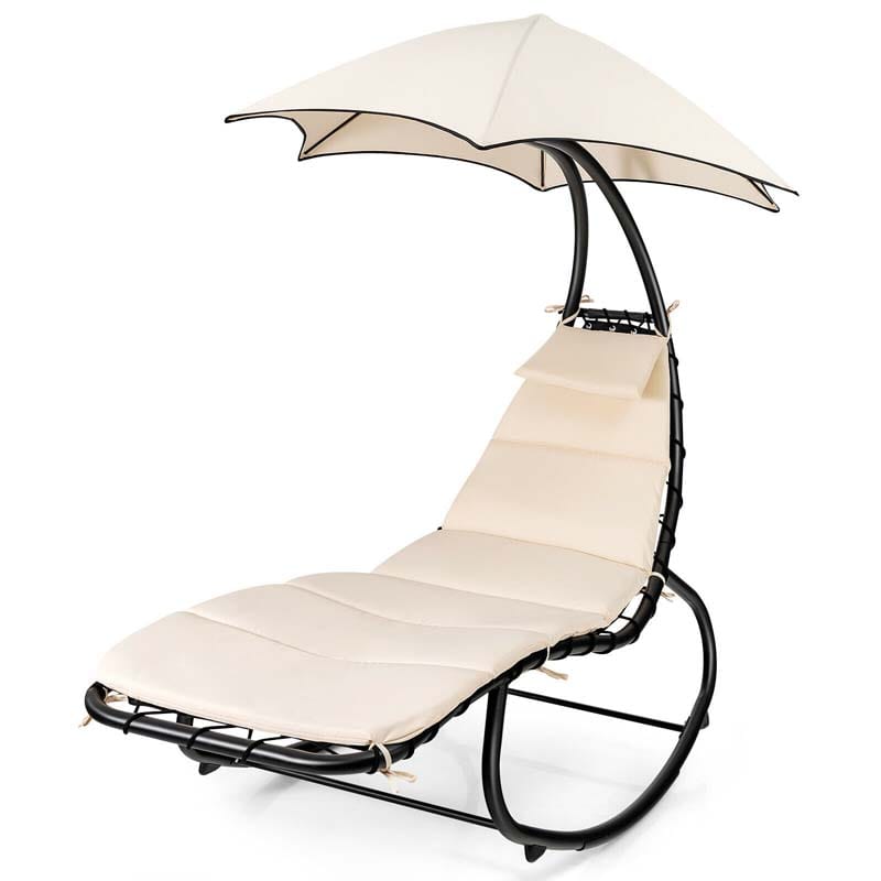 Full-Padded Hammock Chair Swing Patio Sun Lounger with Shade Canopy, Outdoor Chaise Lounge Hanging Chair for Pool Beach Deck