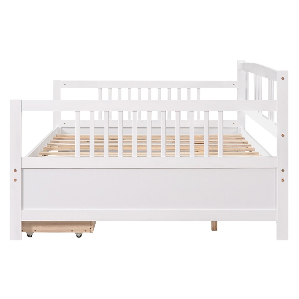 Twin Size Wood Daybed with 2 Storage Drawers and 3 Side Guardrail  Wood Kid's Bed with Wood Slats for Bedroom