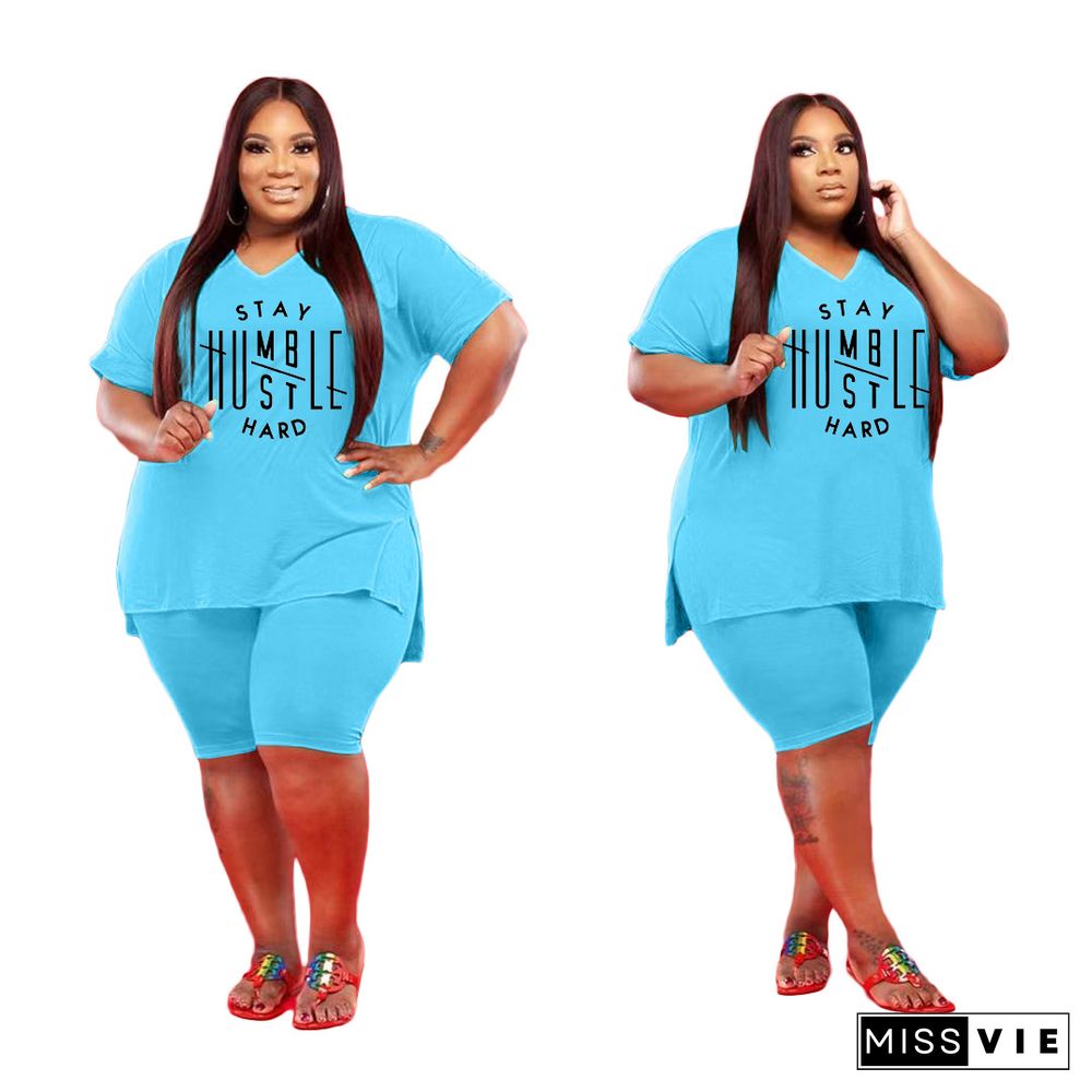 Plus Size Women Short Sleeve V Neck T-Shirt Knee Length Shorts Summer Clothes Two Piece Matching Set