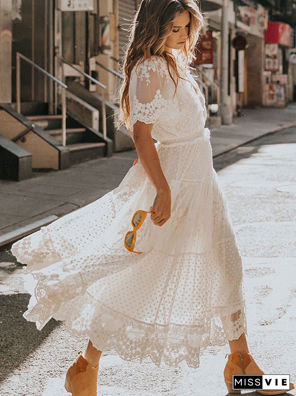 V-neck Short Sleeve Lace Dress White Dresses