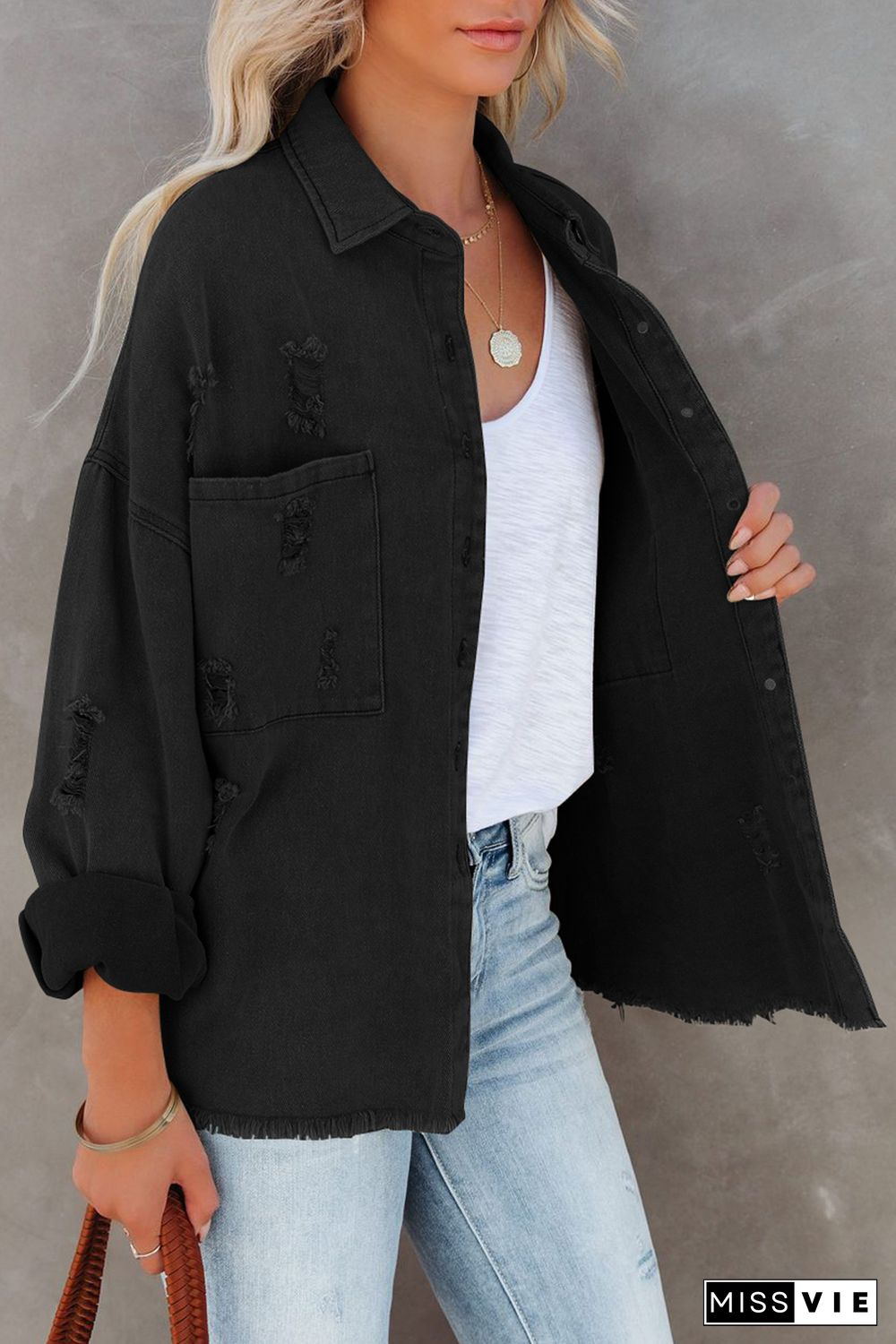 Black Distressed Fringe Trim Denim Jacket