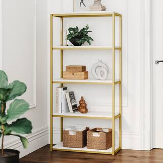 Nathan James Oscar 59 in. WhiteGold Brass Wood and Metal 5-Shelf Modern Etagere Bookcase with Storage Shelves 61102