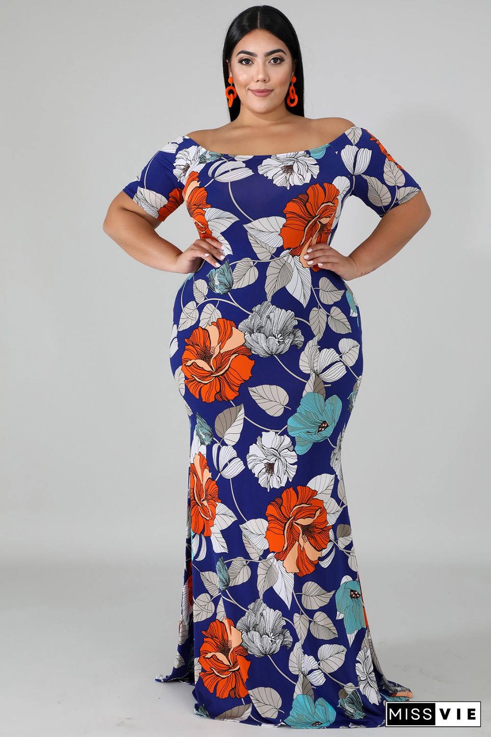 Blue Off-the-shoulder Floral Print Plus Size Maxi Dress