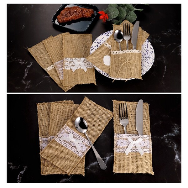 20Pcs Burlap Lace Utensil Holder Knife Forks Bag Cutlery Pouch for Wedding Decor - Light Brown