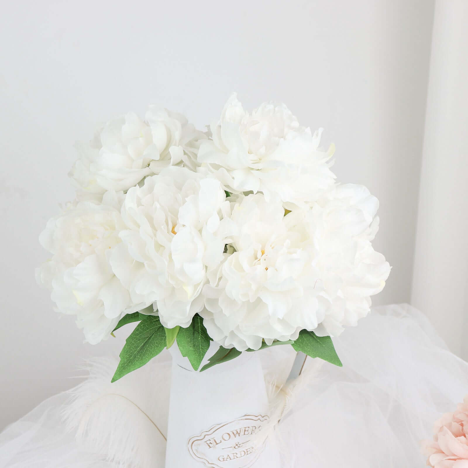 2 Bushes White Artificial Silk Peony Flower Bouquets, Real Touch Peonies Spray 17