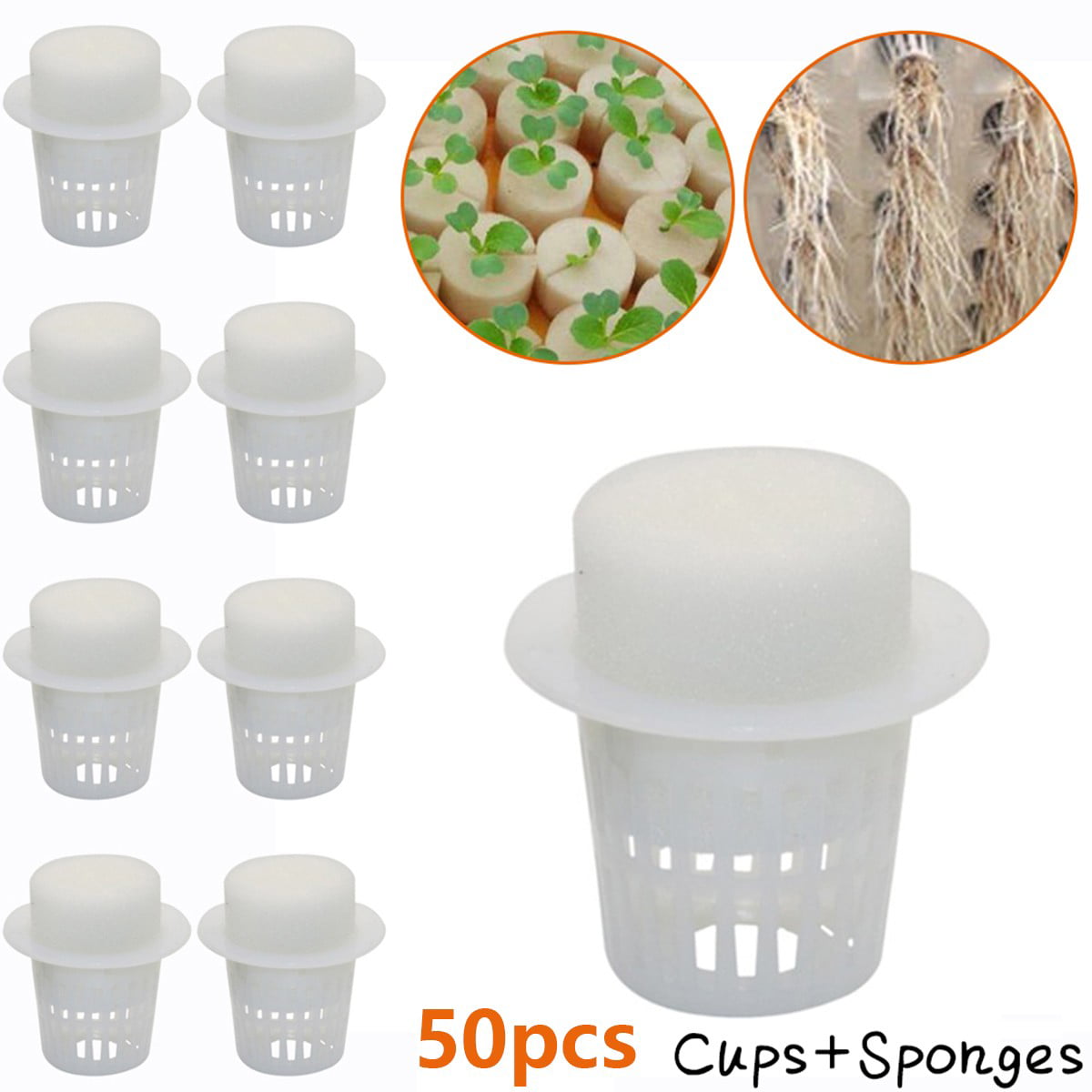 QIFEI 50Pack Hydroponic Cups， 35mm Net Pots Cups with Seed Growing Media Cylindric Sponges for Hydroponics， Slotted Mesh White