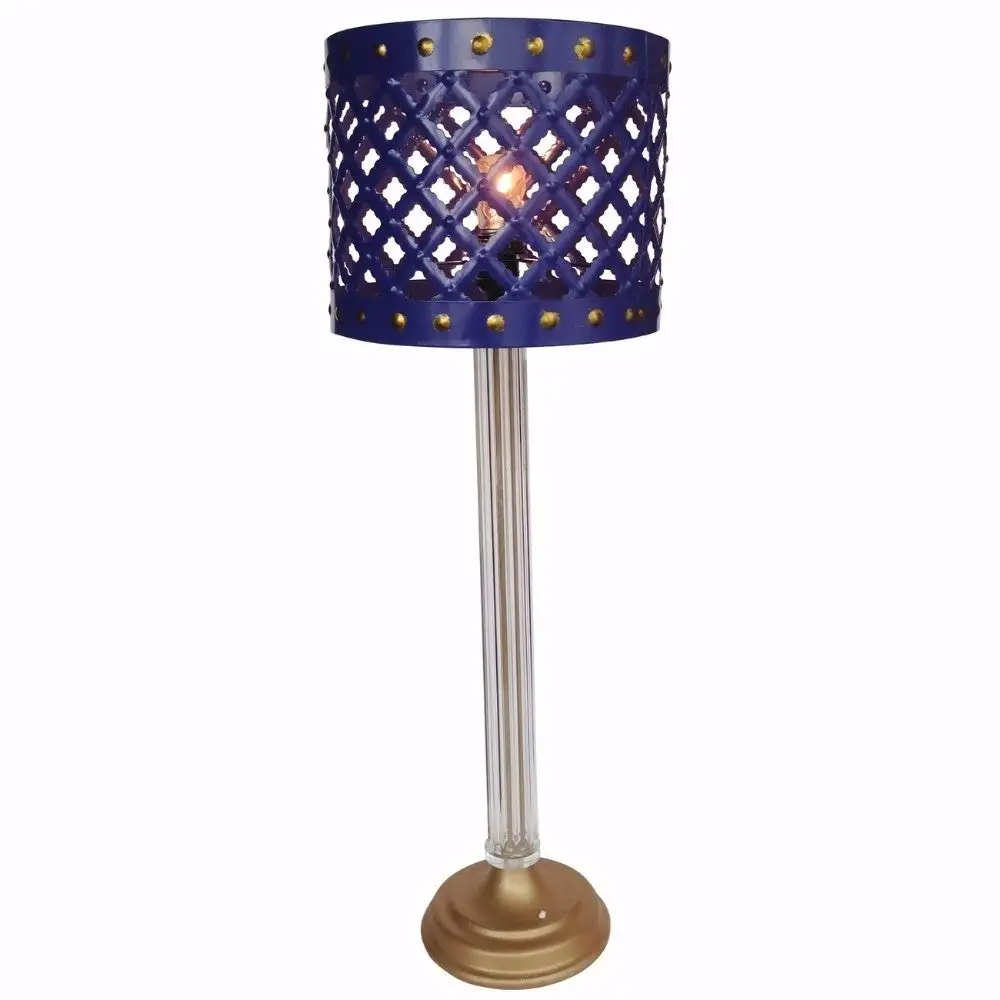 Metal Table Lamp with Cutout Patterned Drum Shade， Blue