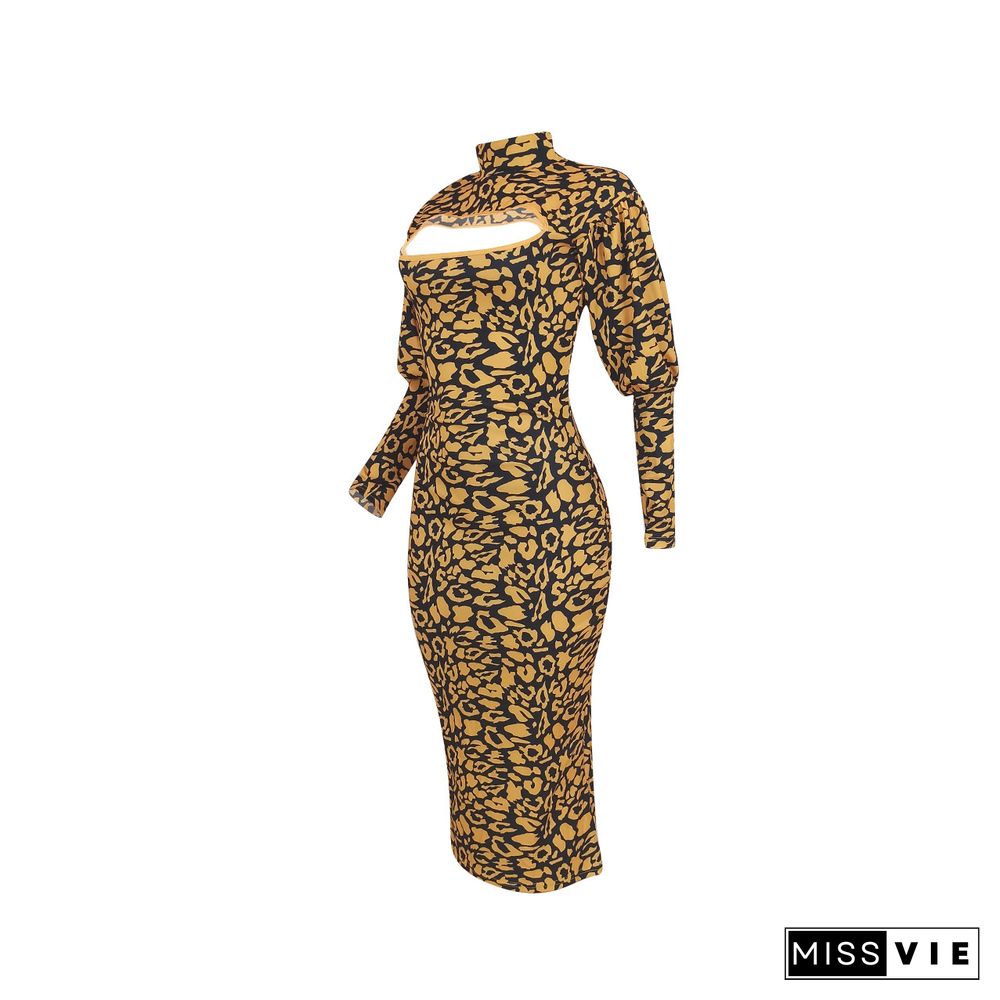 Fashion Casual Leopard Midi Turtleneck Dress