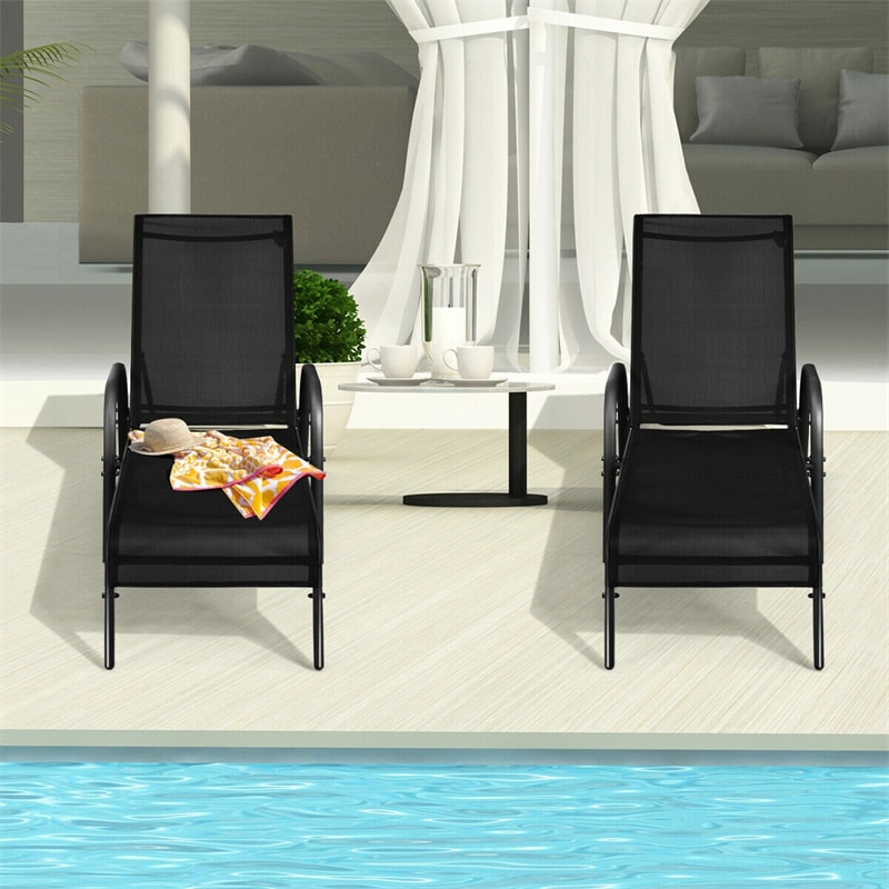 2 Pcs 5-Position Fabric Folding Outdoor Chaise Lounge Chairs, Lightweight Pool Chairs Patio Lawn Recliner Sun Lounger