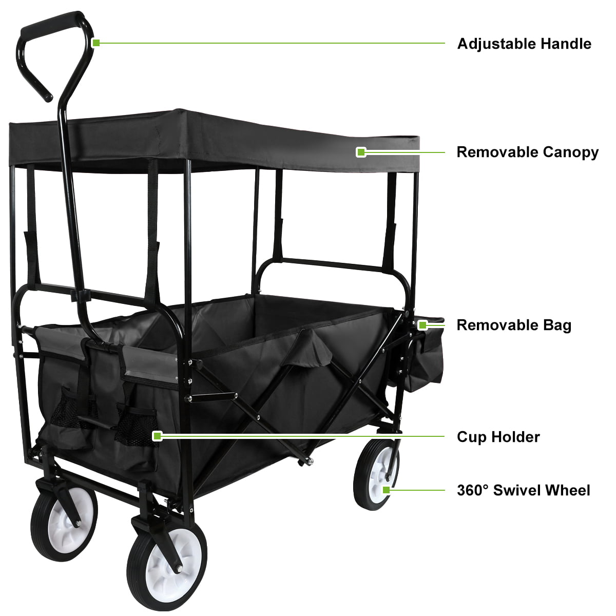 Geniqua Black Utility Collapsible Folding Wagon Cart w/Canopy Garden Beach Toy Sport Buggy