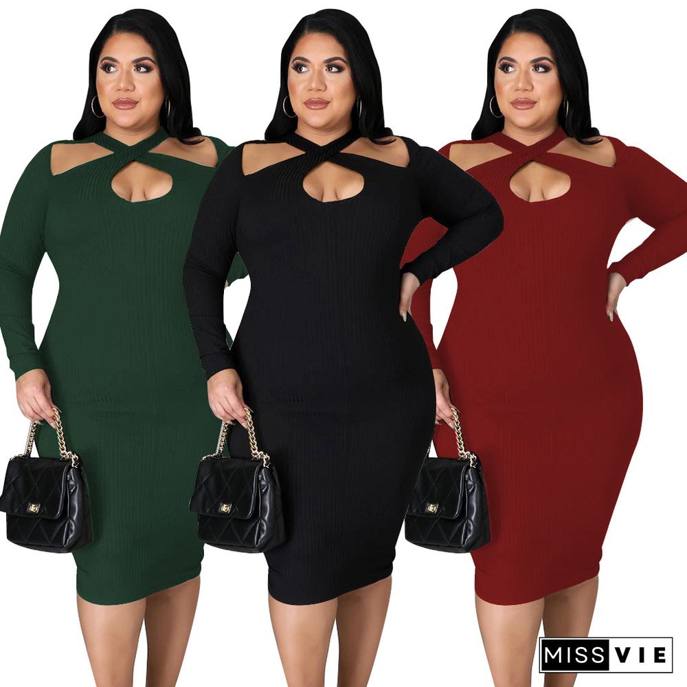 Knitted Hollow Out Long Sleeve Straight Midi Dresses