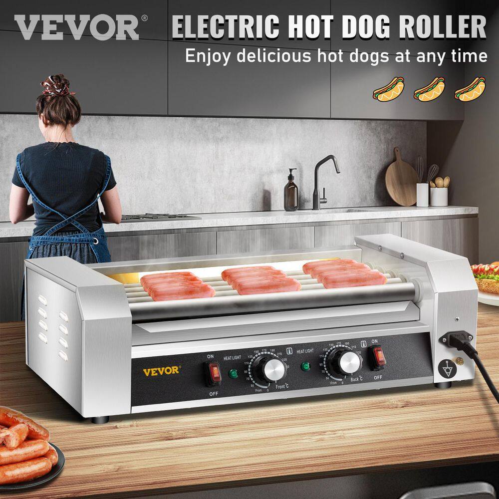 VEVOR Hot Dog Roller 12 Hot Dog 5 Rollers 750-Watt Stainless Steel Cook Warmer with Dual Temp Control Indoor Grills Silver GWGRGJBX5110VDRWBV1