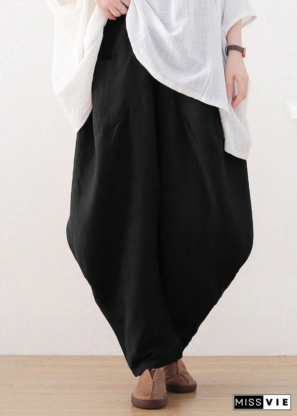 Black Elastic Waist Pockets Wide Leg Pants Fall