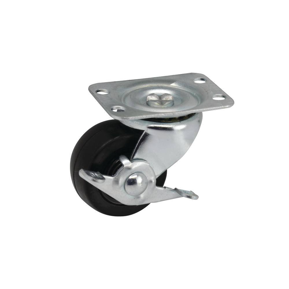 Everbilt 2 in. Black Soft Rubber and Steel Swivel Plate Caster with Locking Brake and 90 lbs. Load Rating 49509