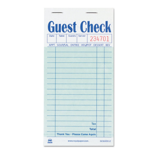 AmerCareRoyal Guest Check Book， Two-Part Carbon， 3.5 x 6.7， 1/Page， 50/Book， 50 Books/Carton (GC60002)