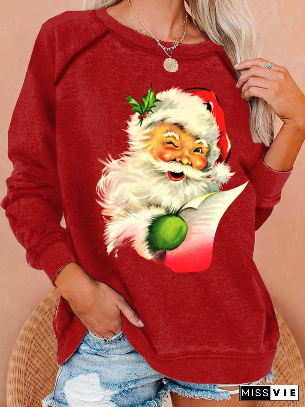 Women'S Santa Claus Print Crew Neck Sweatshirt