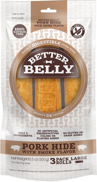 Better Belly Pork Hide Smoke Flavor Rolls Dogs Treats， Large， 3 Count