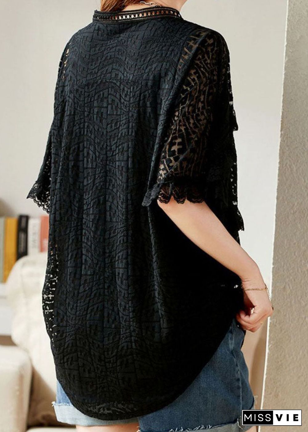 Organic Black V Neck Ruffled Embroideried Patchwork Lace Blouse Summer