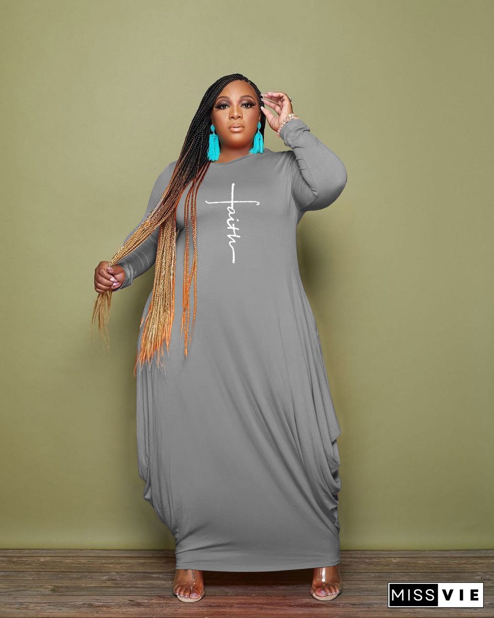 Plus Size Letter Print Long Sleeve O Neck Loose Dress