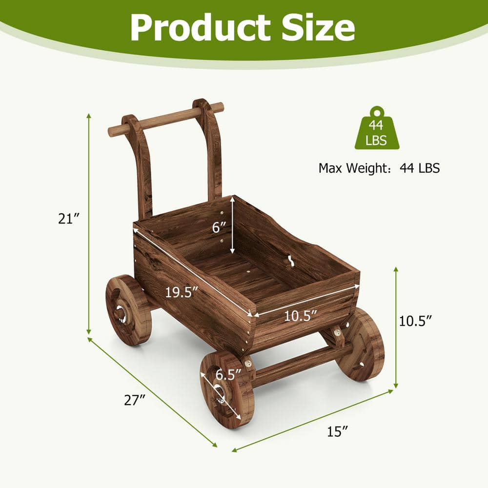 HONEY JOY Wooden Wagon Planter Box Decorative Garden Planter with Wheels Handle Drain Hole Rustic Wooden Flower Planter TOPB006816