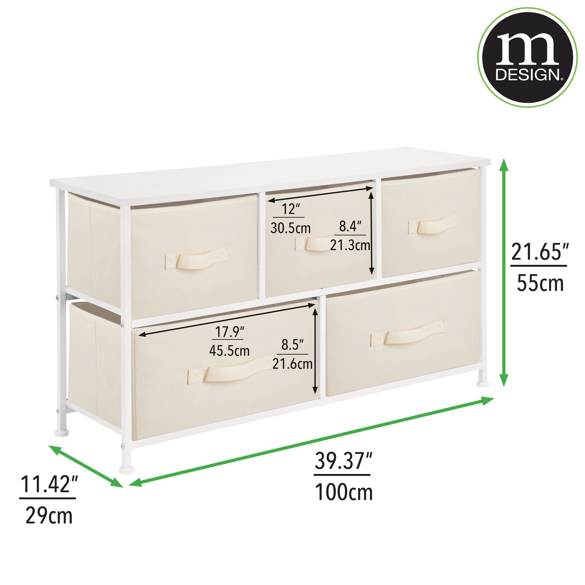 mDesign Wide Steel Frame/Wood Top Storage Dresser Furniture Unit with 5 Removable Fabric Drawers, Large Bureau Organizer for Bedroom, Living Room, Closet - Jane Collection, Cream/White