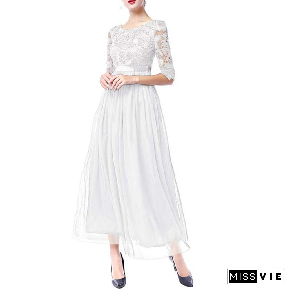 Women's Vintage Floral Lace 3/4 Sleeves Floor Length Retro Evening Cocktail Formal Bridesmaid Gown Long Maxi Dress