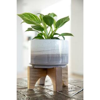 Flora Bunda 7 in. Grey Ombre W Specks Ceramic Pot on Wood Stand Mid-Century Planter EM1911E-GY