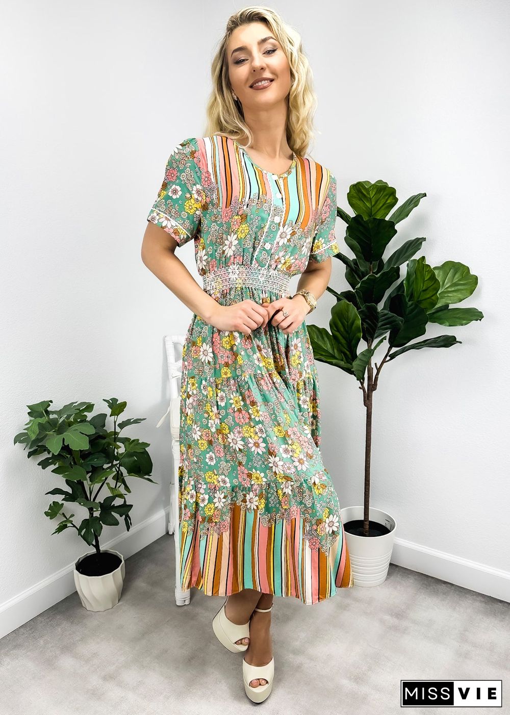 Multicolor Floral Retro Print Dress